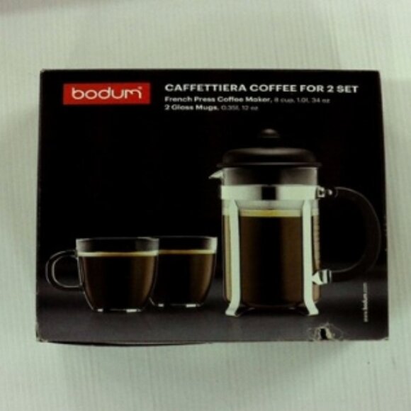 BODUM FRENCH PRESS CAFFETTIERA COFFEE SET WITH TWO GLASS MUGS- NEW IN BOX - Picture 1 of 12